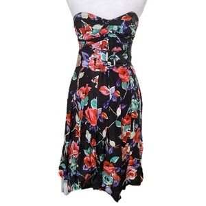 Express Black and Red Silk Floral Strapless Fit and Flare Mini Dress size 2